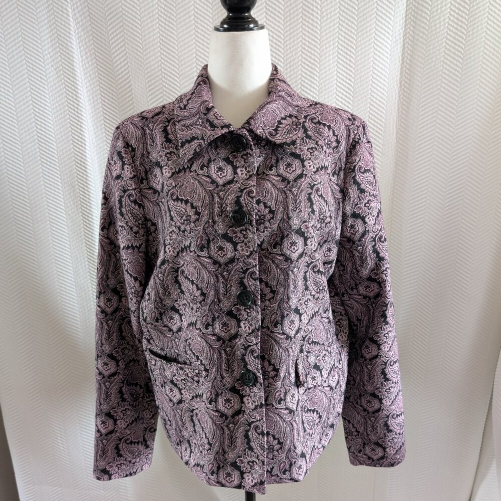 Liz Claiborne Purple Tapestry Blazer Paisley Jacquard Snap Buttons Large Brocade